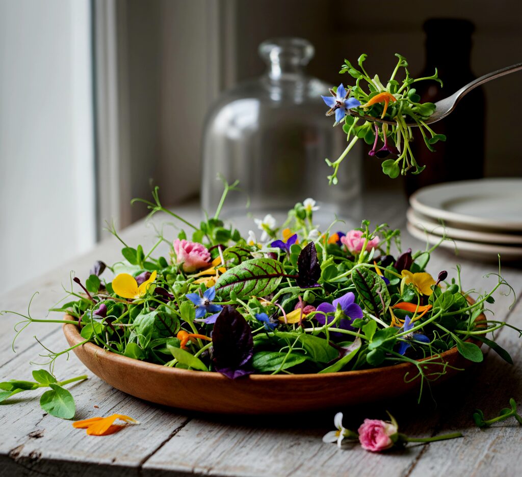 Gourmetsallad med ätbara blommor